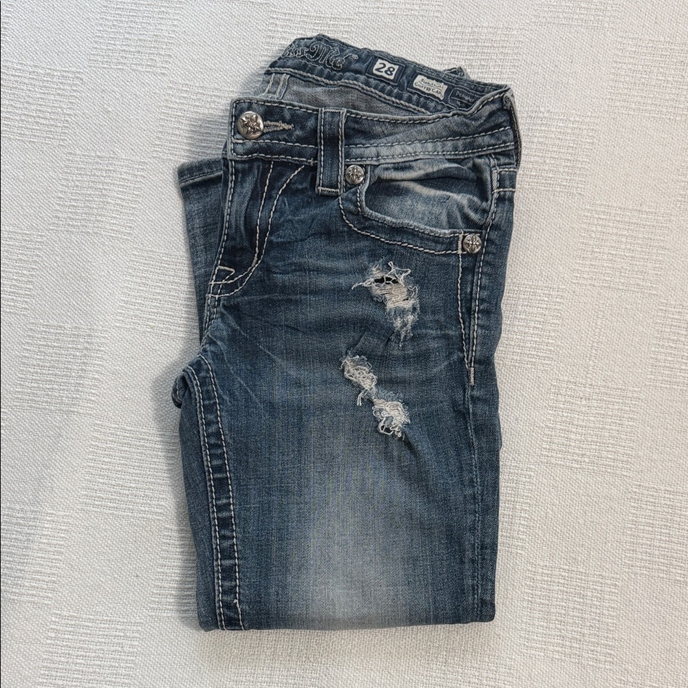 Miss Me Distressed Ankle Crop Jeans in Faded Blue